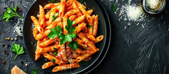 Poster - Top view of homemade Penne Alla Vodka with cheese and parsley on blank notepad flat lay image with copy space