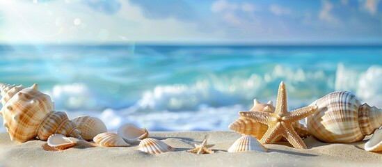 Poster - A serene beach scene with seashells a starfish and a lovely copy space image