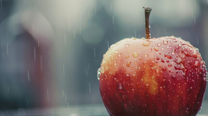 Sticker - A vivid photo of a red apple with a stem, covered in water droplets, against a blurred background, highlighting its freshness and natural appeal.