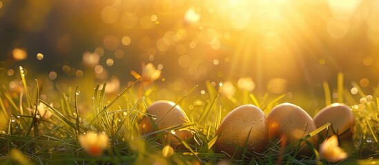 Aufkleber - Spring holiday background with golden eggs on fresh grass under the sun s rays ideal for Easter wallpaper copy space image capturing the essence of the season