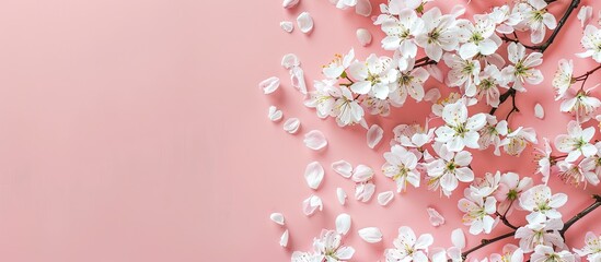 Aufkleber - Top view of white blossom flowers on a light pink background perfect for a Women s Day greeting card or wedding invitation with copy space image