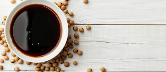Poster - Close up of delicious soy sauce in a bowl with soybeans on a white wooden table providing copy space for text