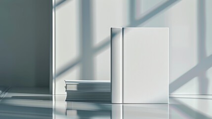 A realistic photograph of two hardcover books with plain white covers, one standing and one lying flat, on a sleek glass surface