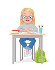 Wall Mural - Cute little school girl in glasses sitting at the desk. Cartoon vector illustration.