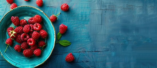 Poster - A ceramic plate with fresh raspberries on a rustic blue desk providing a perfect background for a copy space image