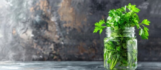 Poster - Jar with vibrant green parsley on a tabletop providing ample copy space for text