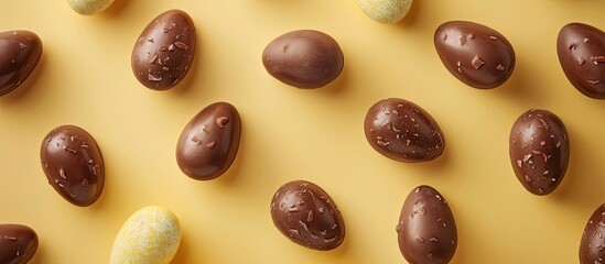 Aufkleber - Top view of Easter chocolate eggs candy on a soft yellow backdrop an imaginative flat lay concept with a copy space image integrated seamlessly