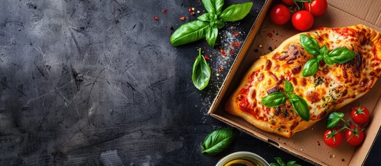 Poster - Cardboard boxed pizza calzone set on a dark backdrop with ample space for text alongside the image