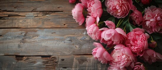 Poster - Floral peonies elegantly displayed on a rustic wooden background creating a visually appealing copy space image