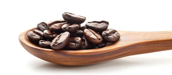 Aufkleber - Coffee beans displayed on a wooden spoon against a white background with room for copy space image