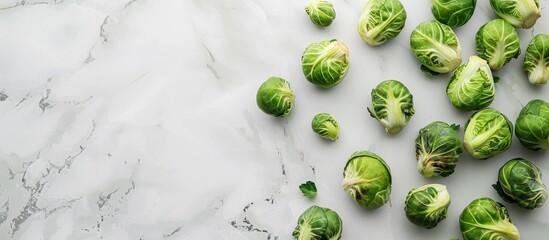 Poster - Flat lay of Brussels sprouts on a white marble surface with space for text in the image. copy space available