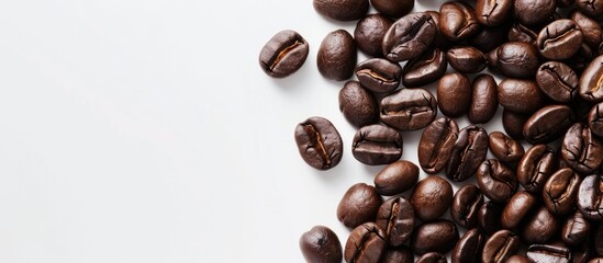 Aufkleber - Close up of a heap of coffee beans on a white background with copy space image perfect for text placement Begin your day with a fresh brew