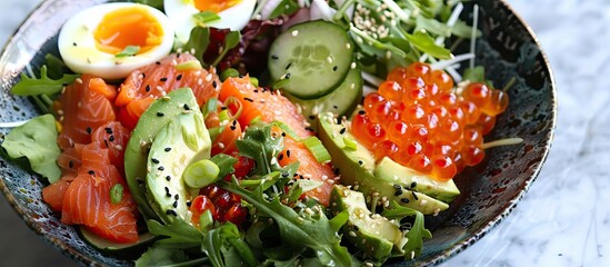 Poster - A healthy ketogenic meal featuring a flavorful salted salmon salad complete with a variety of nutritious ingredients like greens cucumbers eggs and avocado Ideal for keto and paleo diets