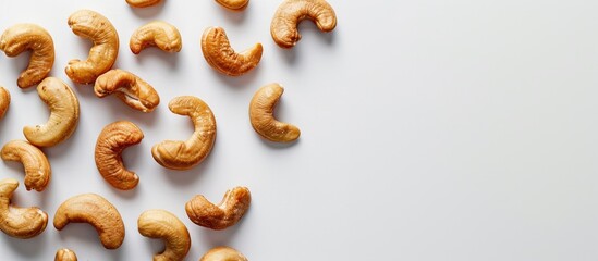 Poster - Top view flat lay of roasted and salted Cashew nuts on a white background with copy space image