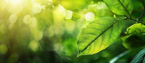 Aufkleber - Nature view featuring a green leaf against a blurry green background in a garden illuminated by sunlight offering a copy space image with a lush natural landscape theme