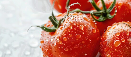 Aufkleber - Close up view of fresh Roma tomatoes with water drops isolated on a white background commonly known as Italian or plum tomatoes providing copy space image