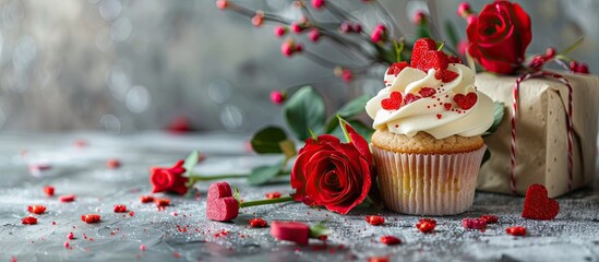 Aufkleber - Vanilla cream cupcake adorned with red sugar hearts for Valentine s Day alongside a bouquet of roses and a gift on a light background ideal for a bakery or confectionery menu or a romantic gift with