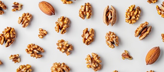 Poster - Top down view of a unique background featuring walnut kernels on a white backdrop with ample space for additional content in the image