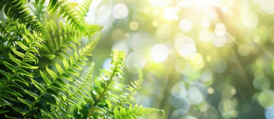 Poster - Green fern leaves in focus with a blurred garden backdrop and room for text perfect for copy space image