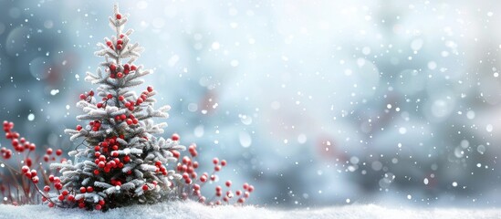 Fototapete - Winter holiday theme with a Christmas tree red berries and snow effect on a background perfect for Happy New Year greetings and text placement in the copy space image