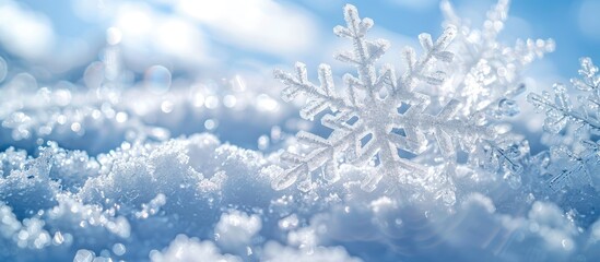 Aufkleber - Detailed closeup of large snowflakes on fresh clean snow set against a frosty day with a blue sky in the background ideal for a winter pattern with copy space image