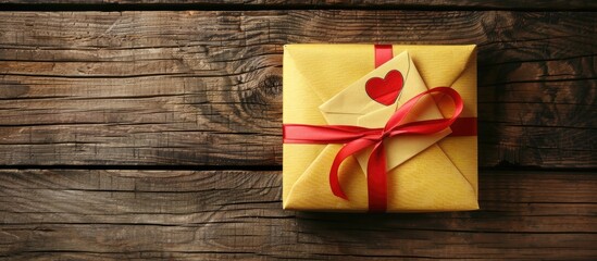 Poster - Valentine s Day decor A gift wrapped with a ribbon a love letter in a yellow envelope placed on a wooden surface Space available for text alongside the image. copy space available