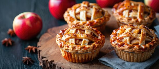Poster - Mini apple rose pies on a wooden board with a high angle view creating a visually appealing copy space image