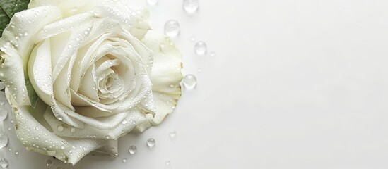 Aufkleber - White rose with dewdrops against a white backdrop with copy space image