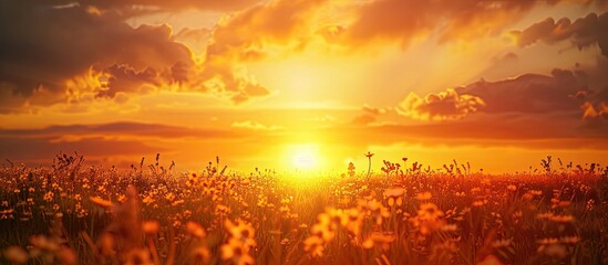 Poster - Gorgeous sunset over a meadow with orange sky above and a stunning summer sunrise in the background ideal for a copy space image