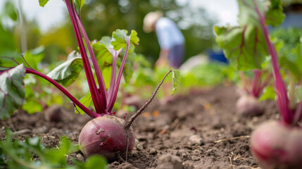 Poster - Root vegetables growing in a garden, with a gardener working in the background.