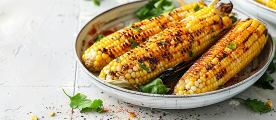 Poster - Grilled corn cobs in a bowl on a white tile table perfect for your copy space image