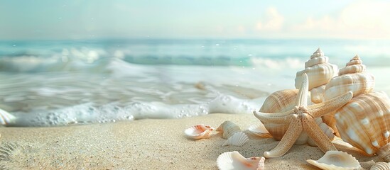 Poster - A serene beach scene with seashells a starfish and a lovely copy space image