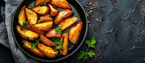 Poster - Top view of roasted potato wedges in a frying pan on a dark stone backdrop with copy space image
