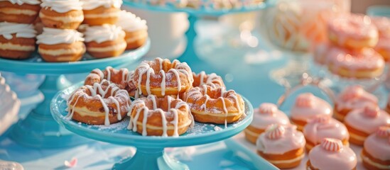 Poster - The wedding blue candy bar features delectable waffles and sweet donuts with a copy space image included