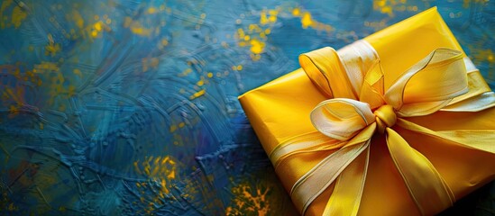 Poster - Enveloped gift with a bright yellow ribbon suitable for a special occasion perfect for cards or a note Ideal for a festive themed design with a copy space image