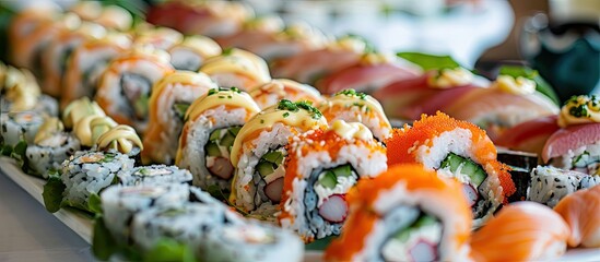 Poster - Artfully arranged sushi rolls with fish rice cream cheese and vegetables on a platter with copy space image