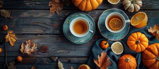Poster - Autumn themed still life with tea lemon pumpkins leaves on dark wooden table embodies fall mood for Thanksgiving and Halloween with flat lay setting and room for copy space image