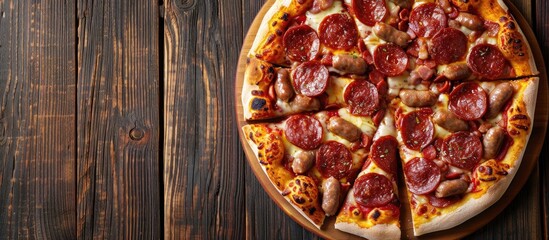 Poster - Top view of a classic pizza with salami sausages cheese and sauce on a wooden background perfect for copy space image