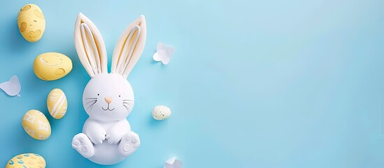 Poster - Top view of a creative Easter bunny on a minimalist flat lay with pastel colors over a blue background with text providing copy space image