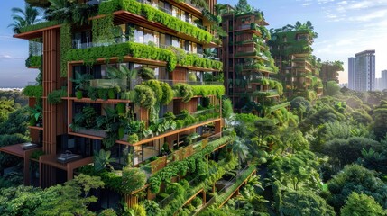 Modern metropolis with innovative green architecture and rooftop gardens