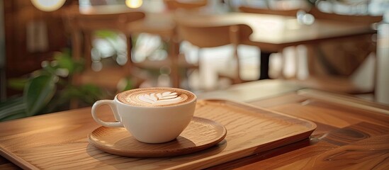 Aufkleber - Cappuccino coffee cup with latte art on a wooden tray displayed on a cafe table ideal as a copy space image