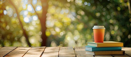 Aufkleber - Colorful books and a cup placed on a wooden table against a blurred natural backdrop Ideal for back to school themes with ample copy space image