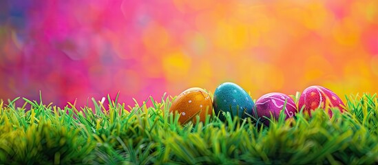 Aufkleber - Spring grass hosting vibrant eggs creating a cheerful Easter themed copy space image