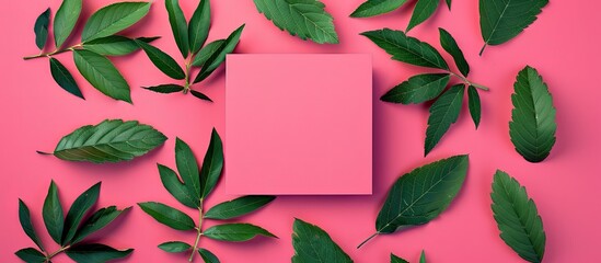Leinwandbilder - Top view of a modern flat lay pattern featuring vibrant green rowan leaves on a bright pink square with copy space image in a sleek pop art style for framing text