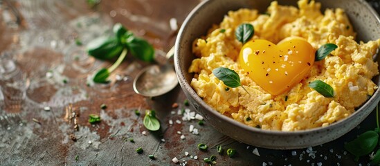 Aufkleber - Valentine s Day breakfast with heart shaped scrambled eggs on the table as a festive holiday decoration with a background suitable for copy space image