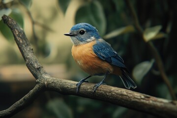 Wall Mural - Small blue and orange bird on branch