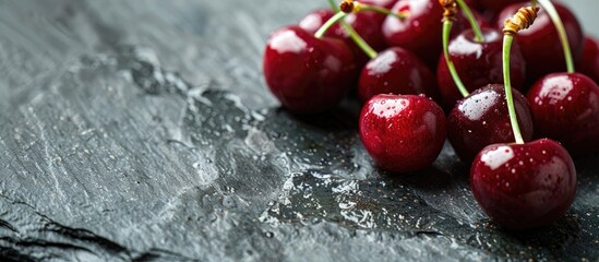 close up view of fresh cherries on a stone plate with selective focus creating a visually appealing 