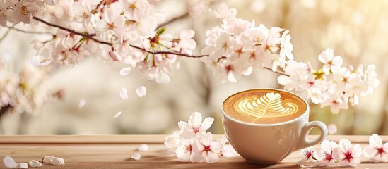 Aufkleber - Coffee cup adorned with latte art on a wooden table against a backdrop of sakura or cherry blossoms creates an elegant composition in a copy space image