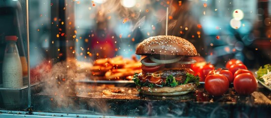 Poster - Display a Turkish wet burger with sauce in a kiosk for a copy space image