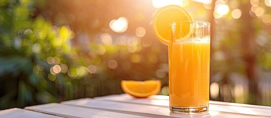 Poster - A glass of freshly squeezed orange juice along with a citrus slice placed on a white tabletop on a summer terrace with available copy space image